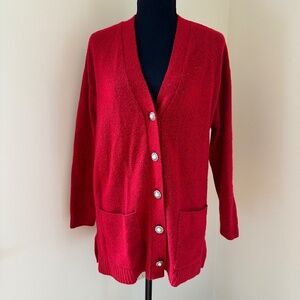 *TALBOTS* Red x Silver Button Down V-Neck Cardigan Sweater Size Medium